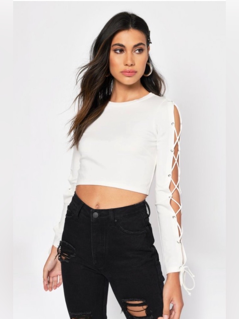NWT Tobi White Lace-Up Sleeve Crop Top - Large